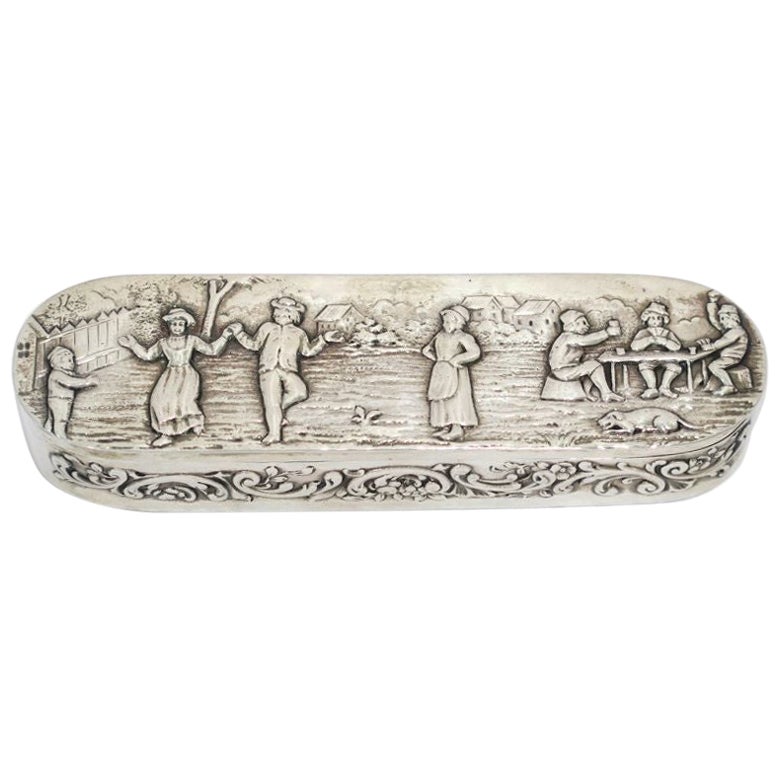 European Silver Antique German Hanau Dancing Playing Cards Scene Box