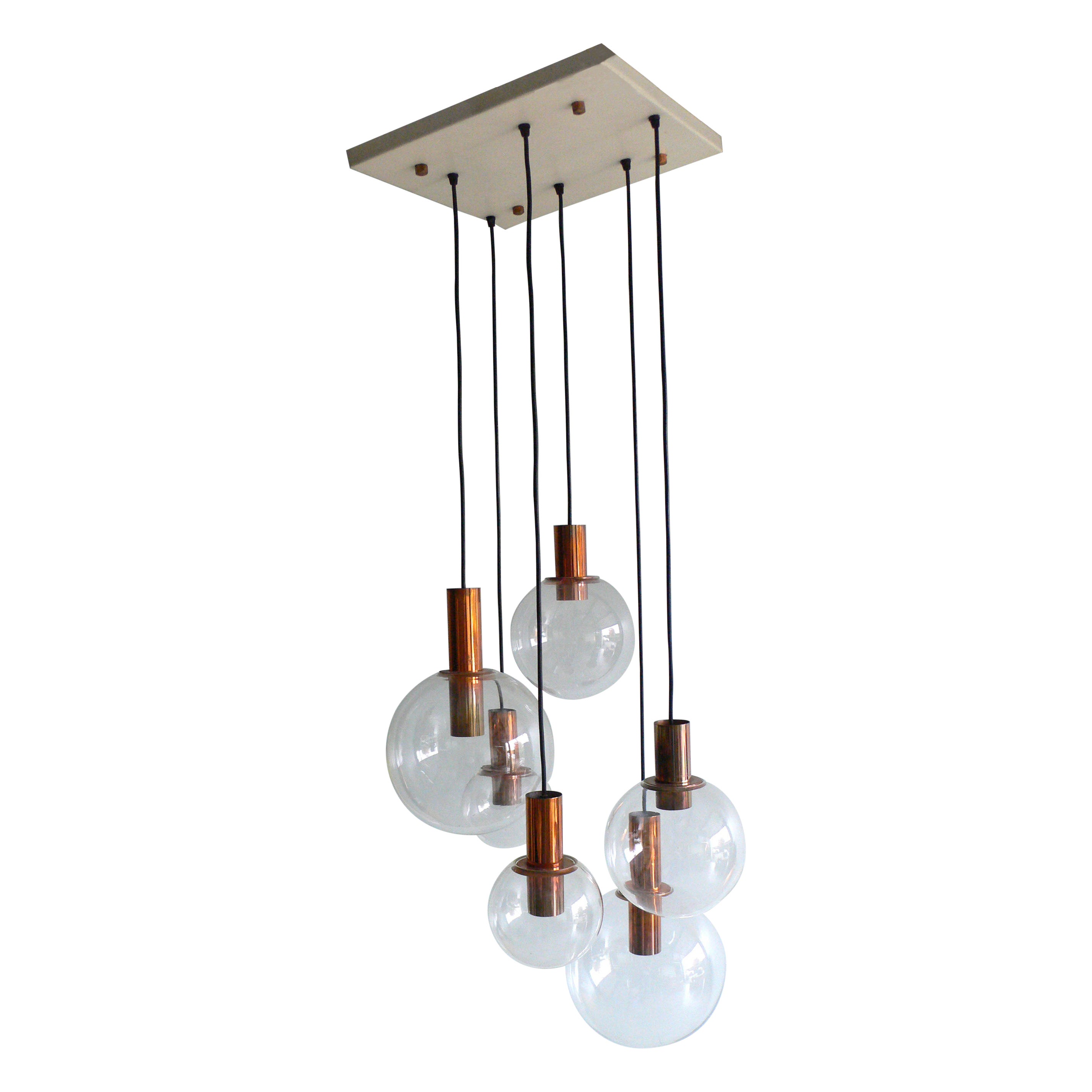 MCM RAAK Design 1960's Copper & Glass Pendant Lamp Large Chandelier For Sale
