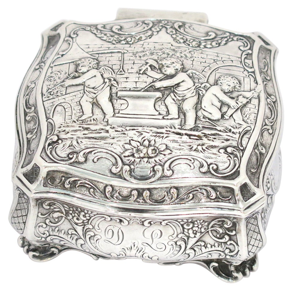 European Silver Gilt Interior Antique German Hanau Cupids Making Arrows Box For Sale