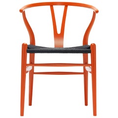 CH24 Wishbone Chair in Orange Red with Black Papercord Seat by Hans Wegner