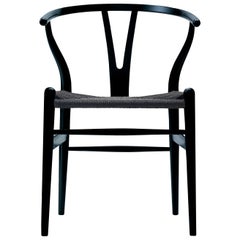 CH24 Wishbone Chair in Black with Black Papercord Seat by Hans Wegner