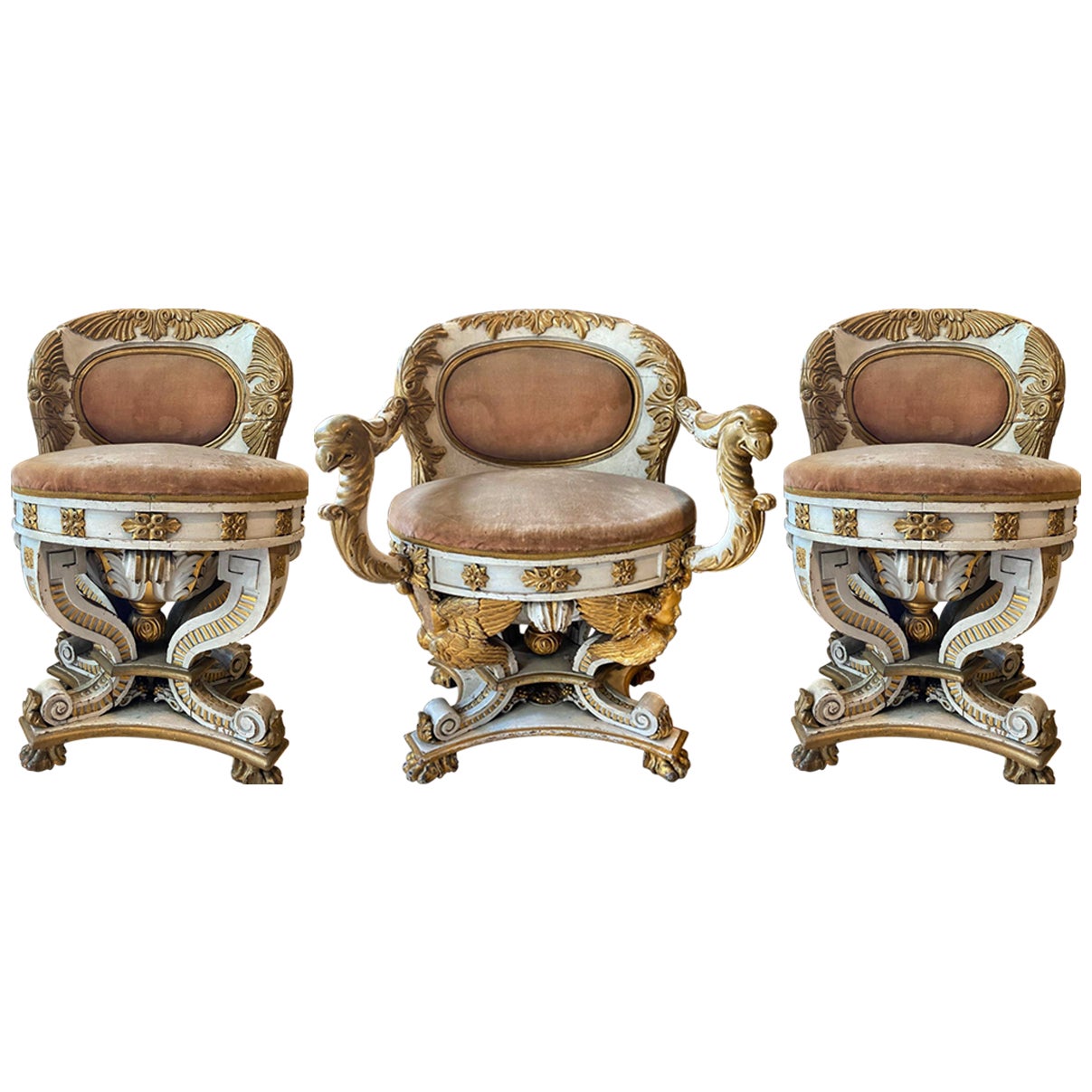 Außergewöhnliches Sessel- und 2 Stühle-Set aus dem Ersten Kaiserreich Napoleon III., frühes 19. Jahrhundert