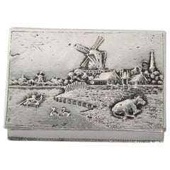 European Silver Antique Dutch River Windmills Rectangular Snuff Box