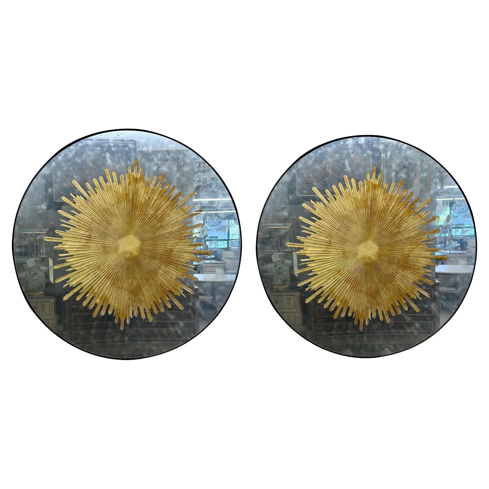 Pair of Monumental Gilt Gold and Silver Glass Sunburst Mirrors, Antiqued Mirror