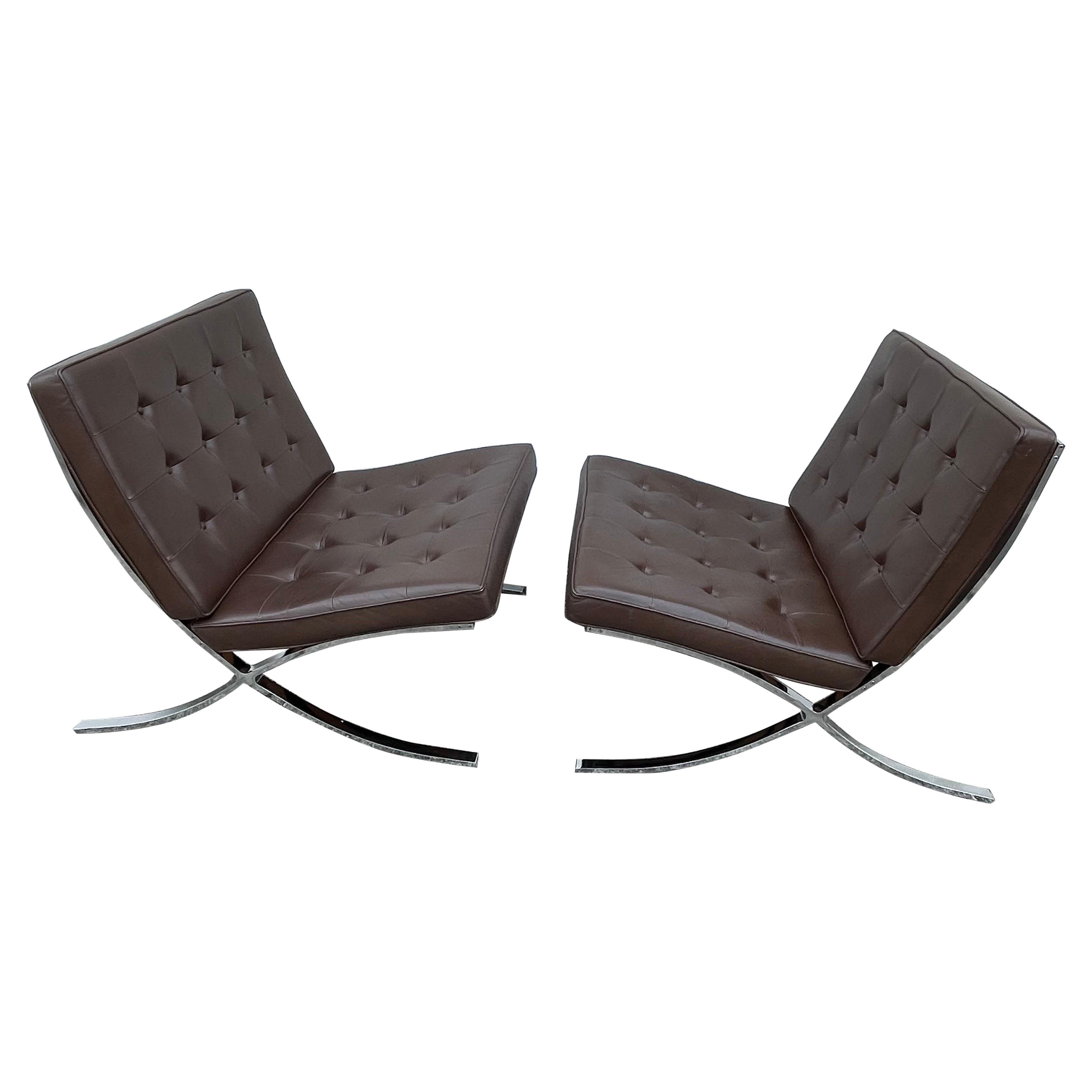 Pair of Mid-Century Modern Barcelona Chairs in Brown Leather, 1970's Generation For Sale