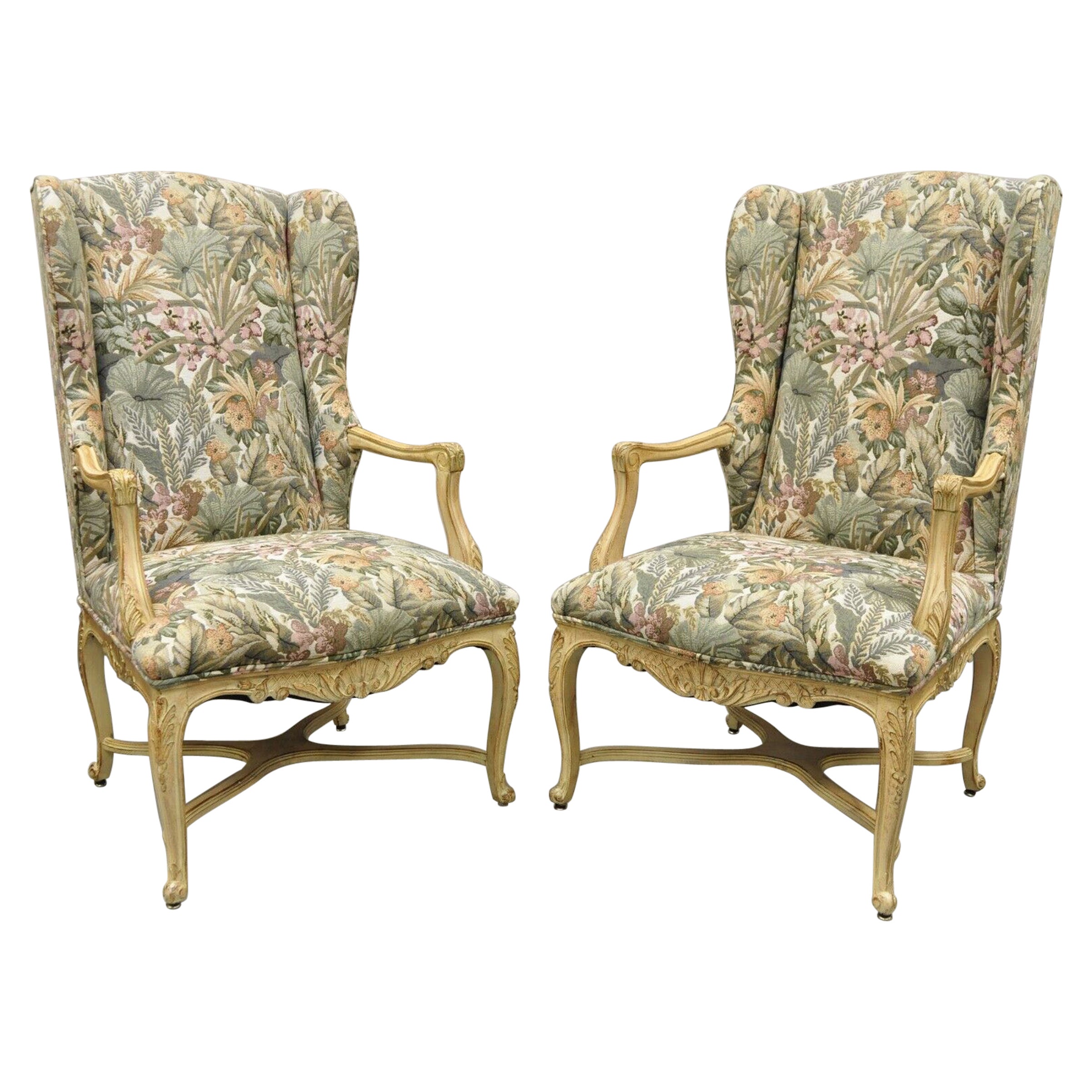 Pair French Provincial Country Louis XV Style Upholstered Wingback Lounge Chairs For Sale
