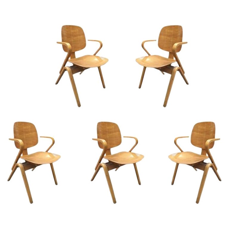 Midcentury Thonet Bent Plywood Armchairs by Joe Atkinson, Set of 5 For Sale