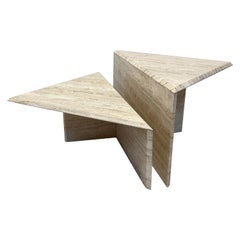 Polished Italian Travertine Triangle Coffee Tables, Set of Two