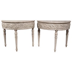 Pair of Carved and Painted Louis XVI Style Florentine Demi-Lune Console Tables