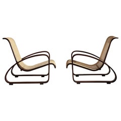 Porino, Pair of Curved Beechwood and Cane Armchairs, Italy, 1930s