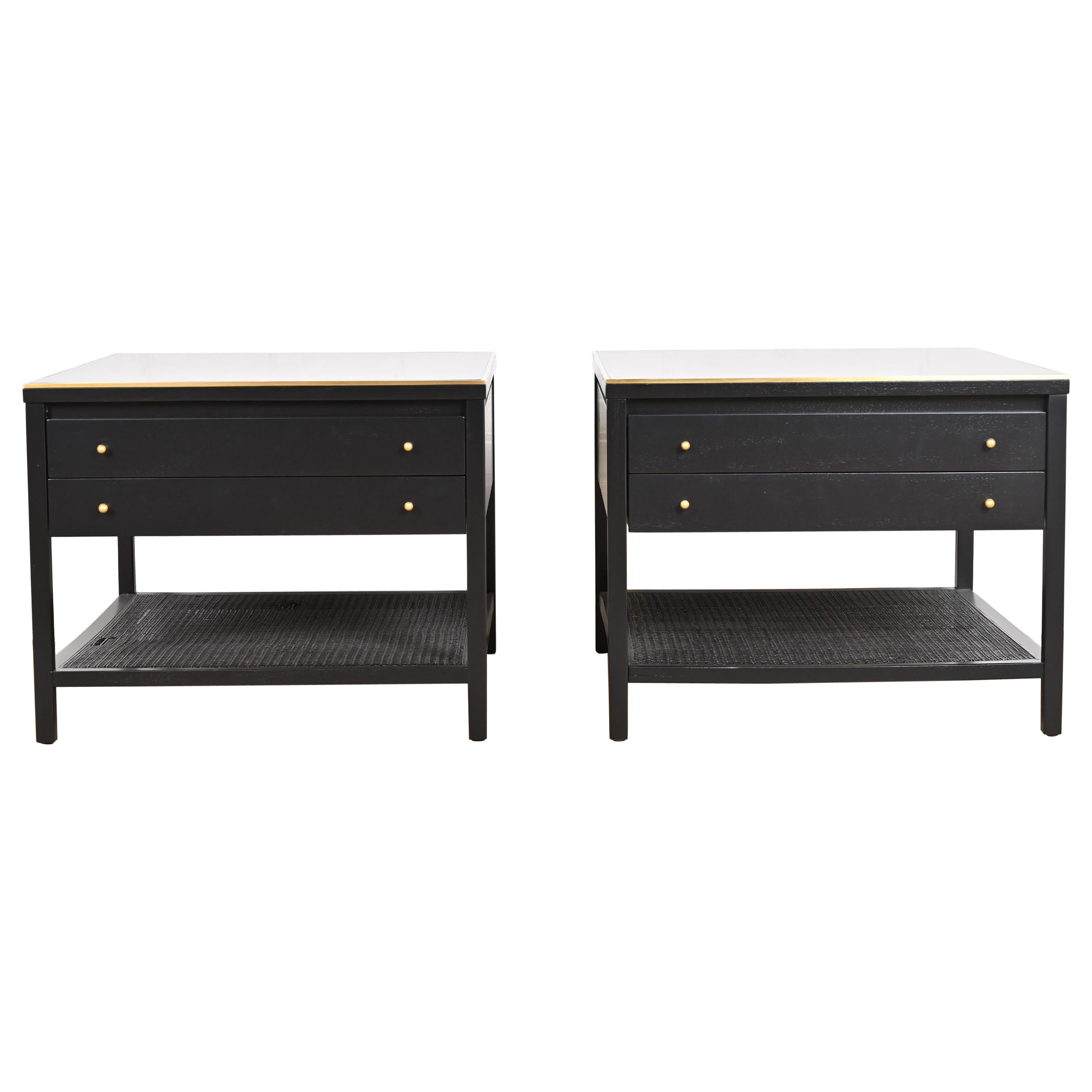 Paul McCobb Irwin Collection Black Lacquer and Brass End Tables or Nightstands