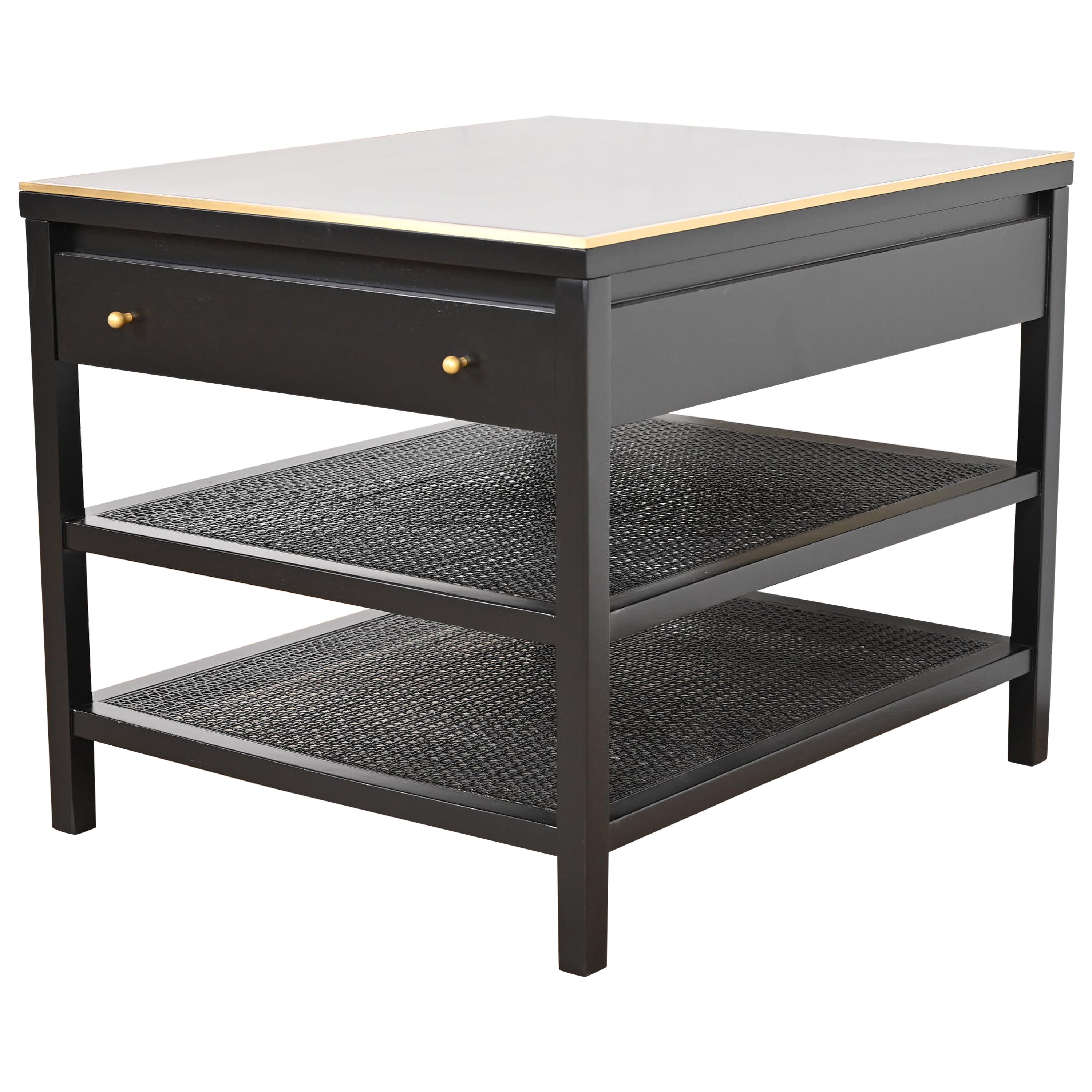 Paul McCobb Irwin Collection Black Lacquer, Brass, and Cane Side Table