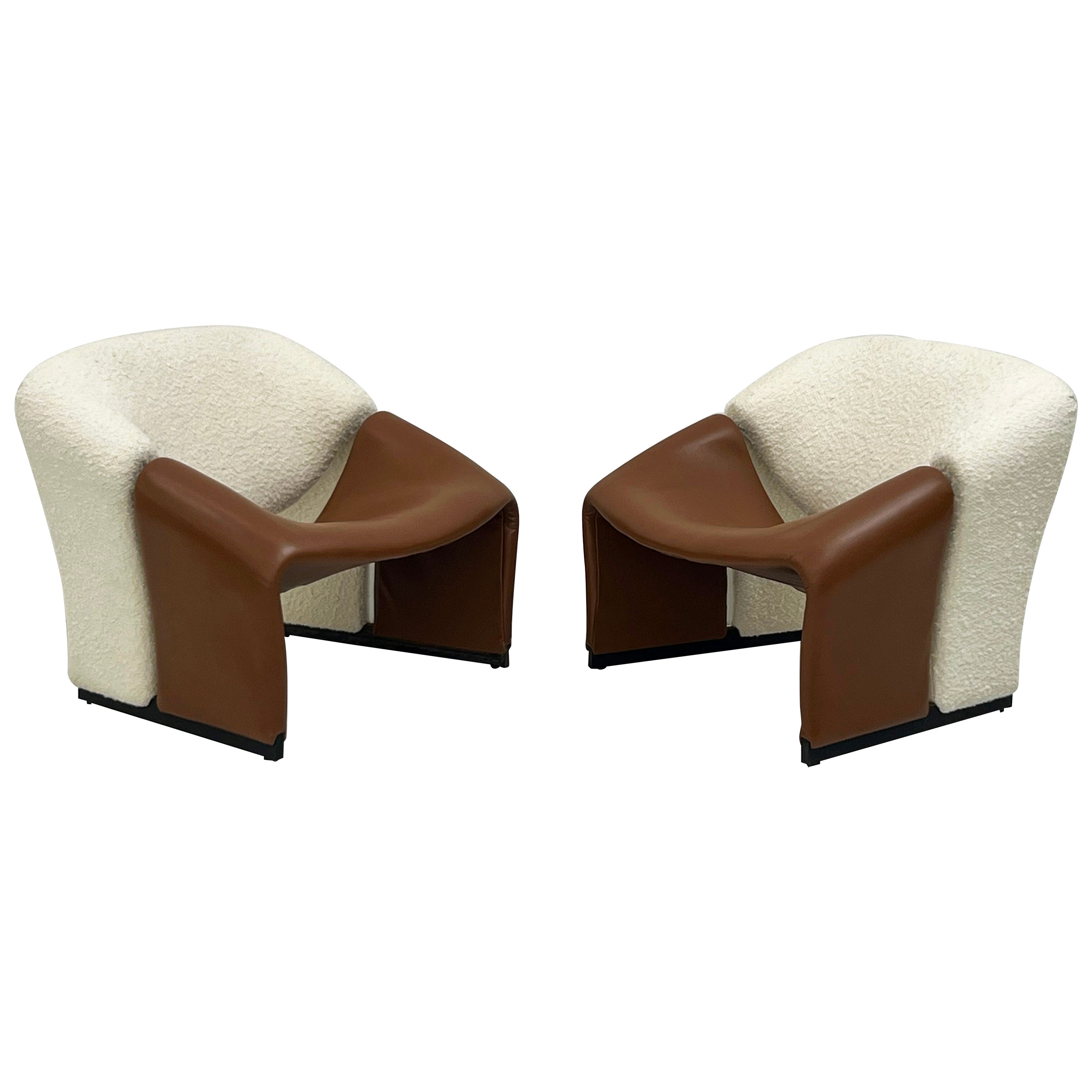 1st Edition Pierre Paulin Groovy Chairs, Artifort F580, Ivory Boucle and Leather
