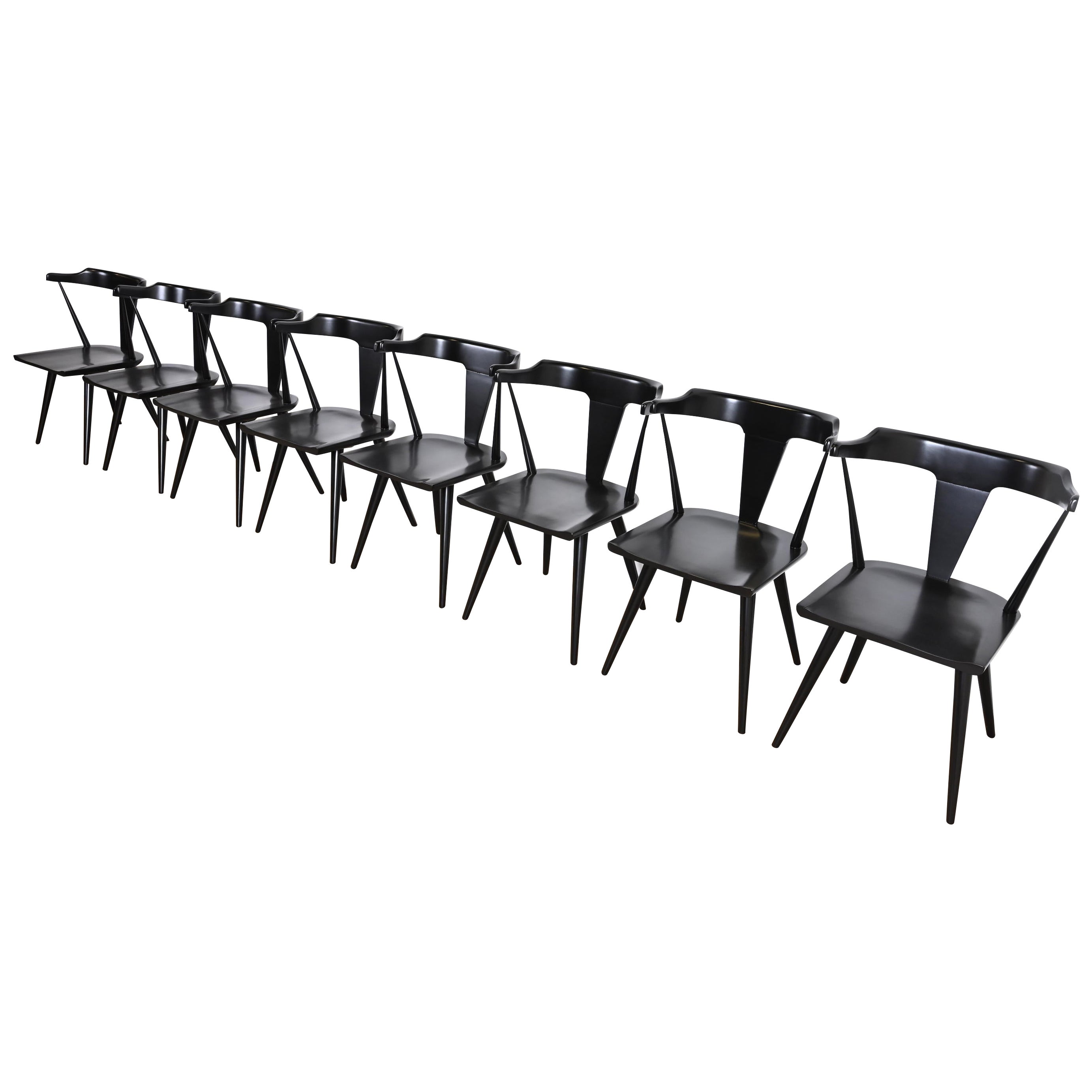 Paul McCobb Planner Group Black Lacquered T-Back Dining Chairs, Set of Eight