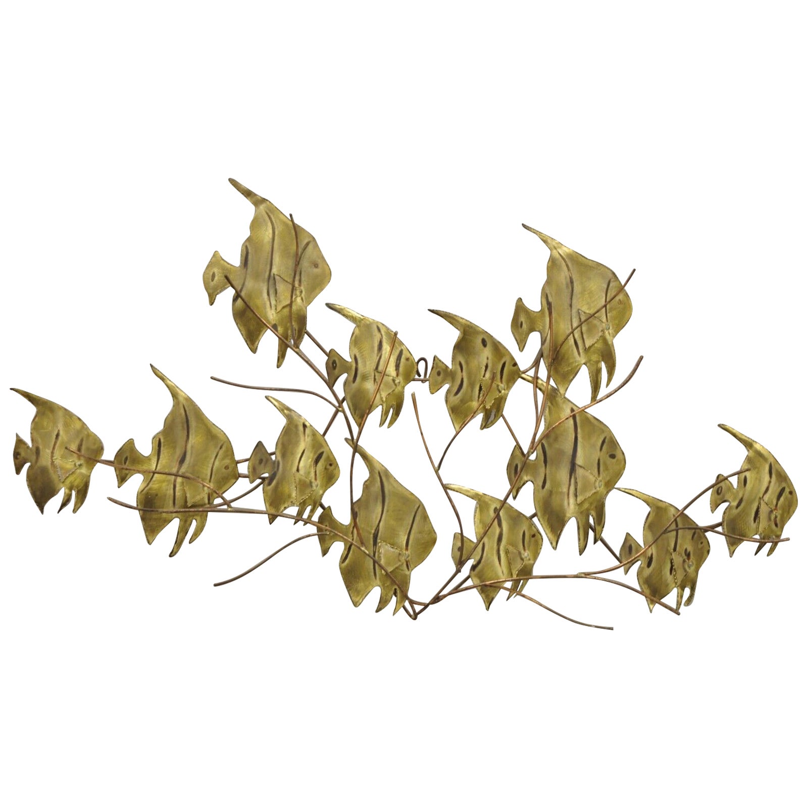 Vintage Bergasse Mid-Century Modern Brass Metal School of Fish Wall Sculpture