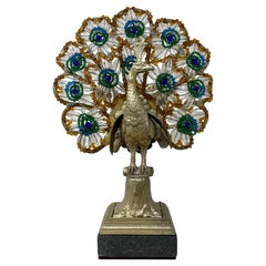 Antique French Art Deco Gold Bronze Peacock Lamp with Crystal Tail, Circa 1900's