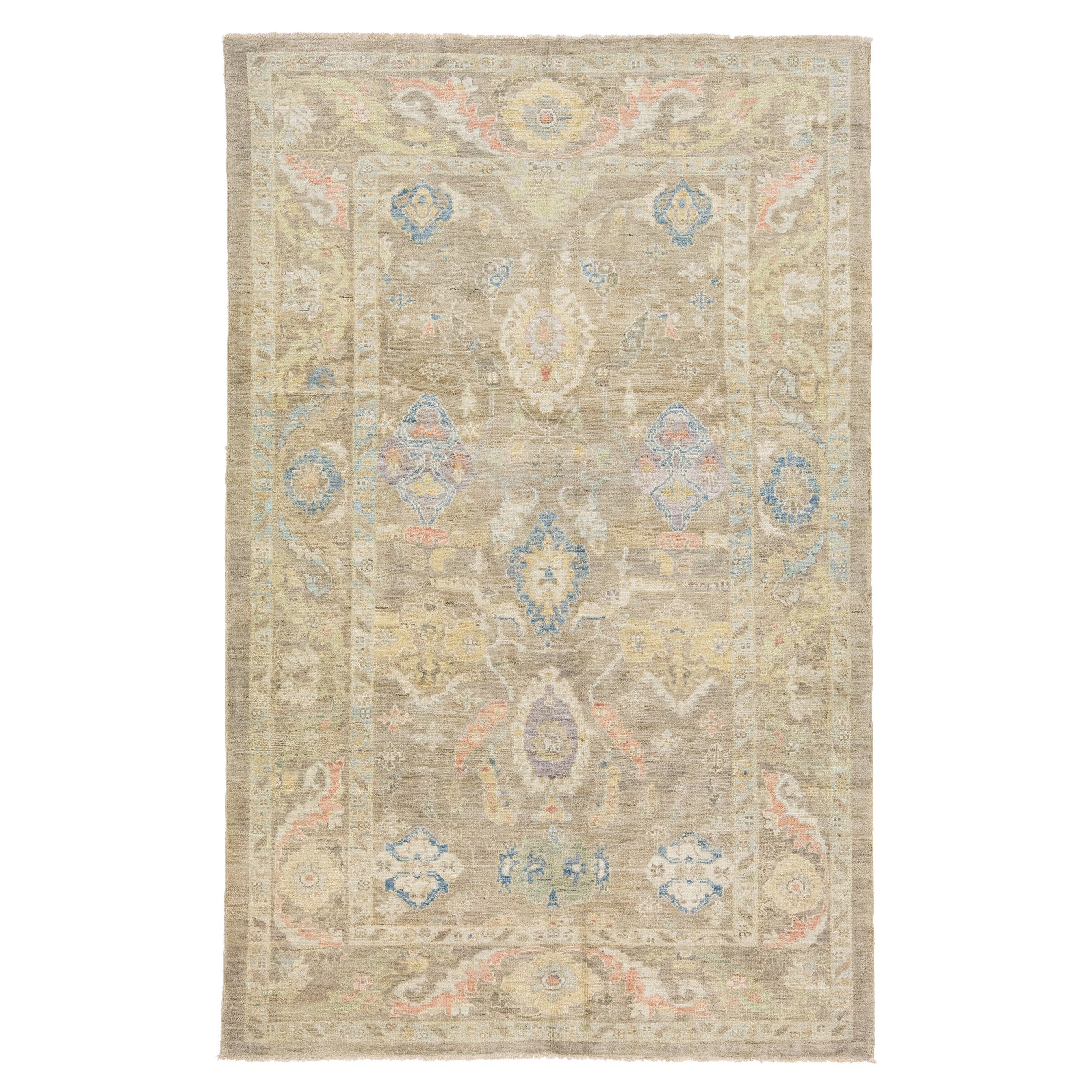 Modern Sultanabad Beige Handmade Room Size Wool Rug With Floral Motif For Sale