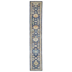 Modern Sultanabad Blue Handmade Wool Runner with Floral Pattern