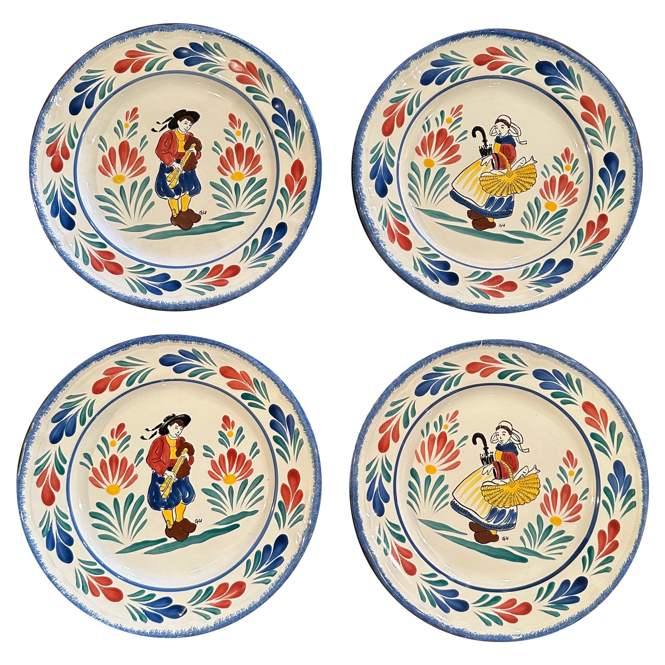 Mid-Century French Hand Painted Quimper Plates Stamped Pornic, Set ...