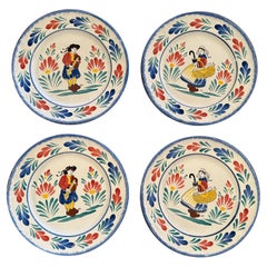 Vintage Mid-Century French Hand Painted Quimper Plates Stamped Pornic, Set of 4