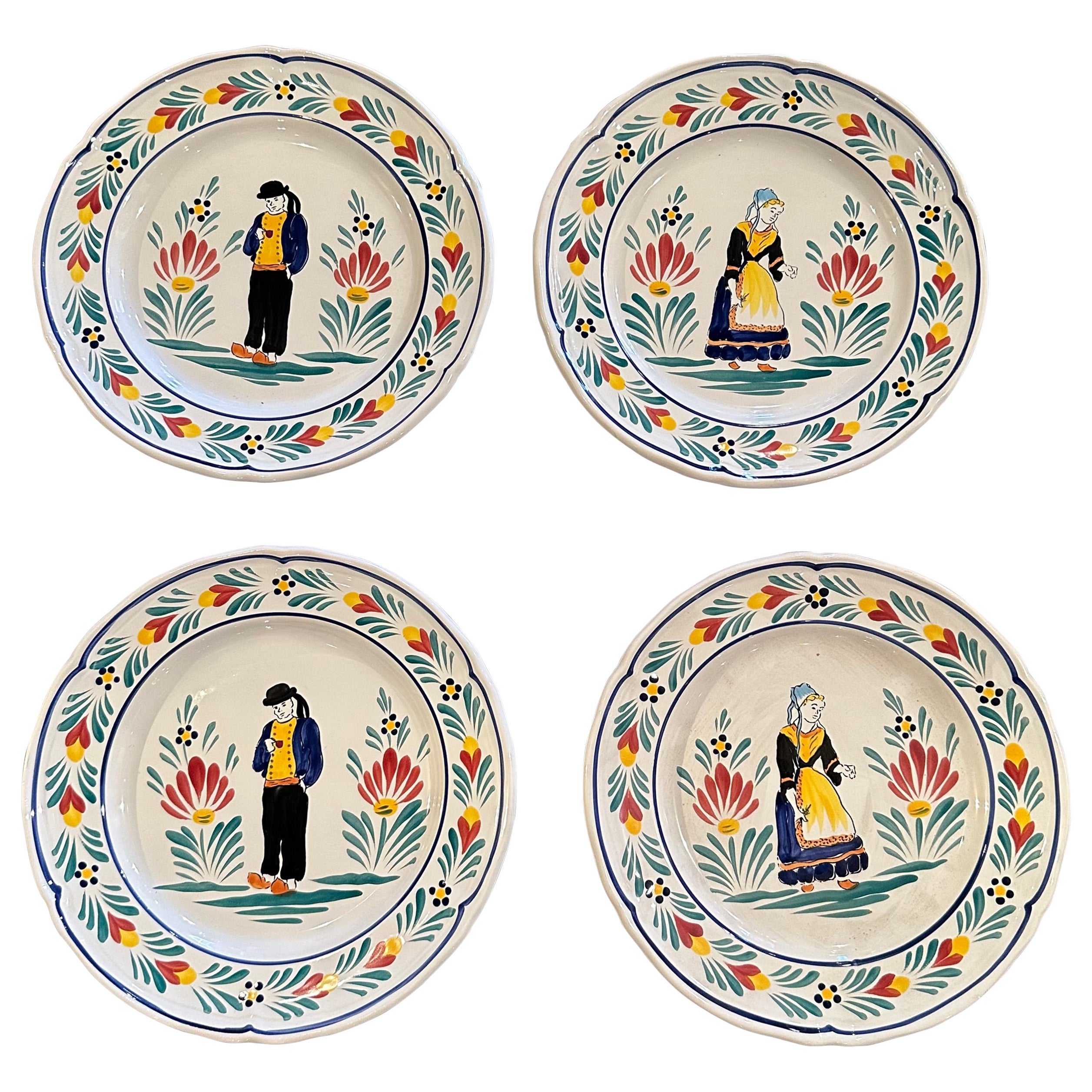 Mid-Century French Hand Painted Quimper Plates Stamped Pornic, Set of 4 For Sale