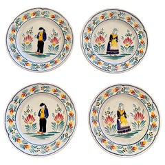 Vintage Mid-Century French Hand Painted Quimper Plates Stamped Pornic, Set of 4