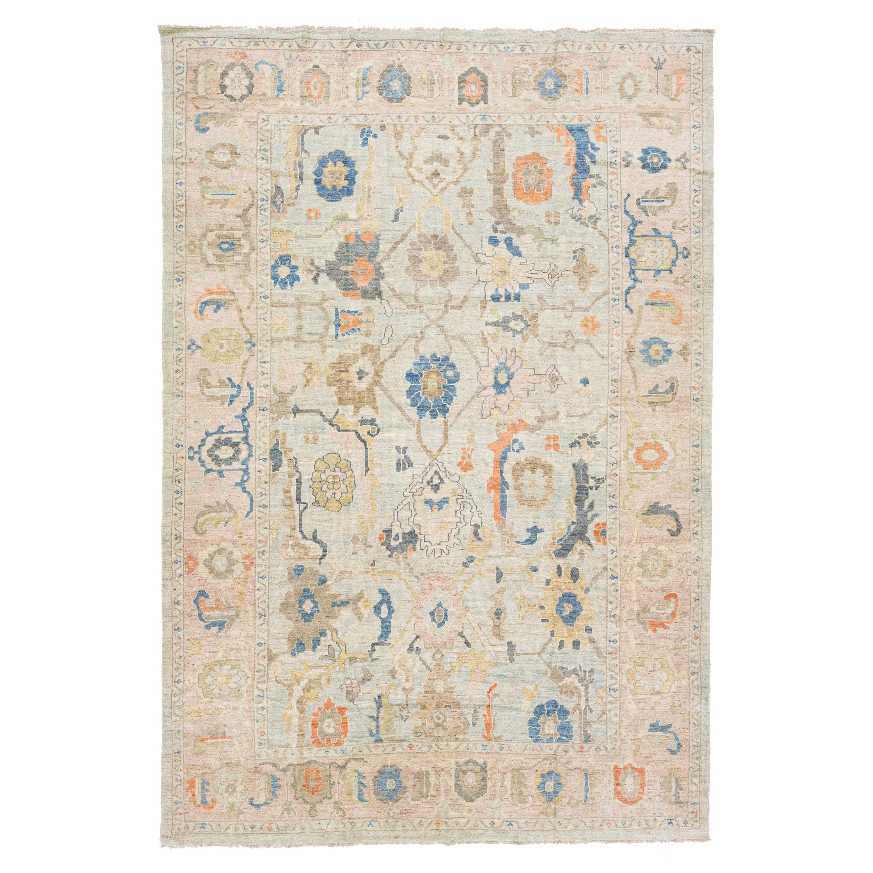 Modern Sultanabad Light blue Handmade Room Size Wool Rug With Floral Design