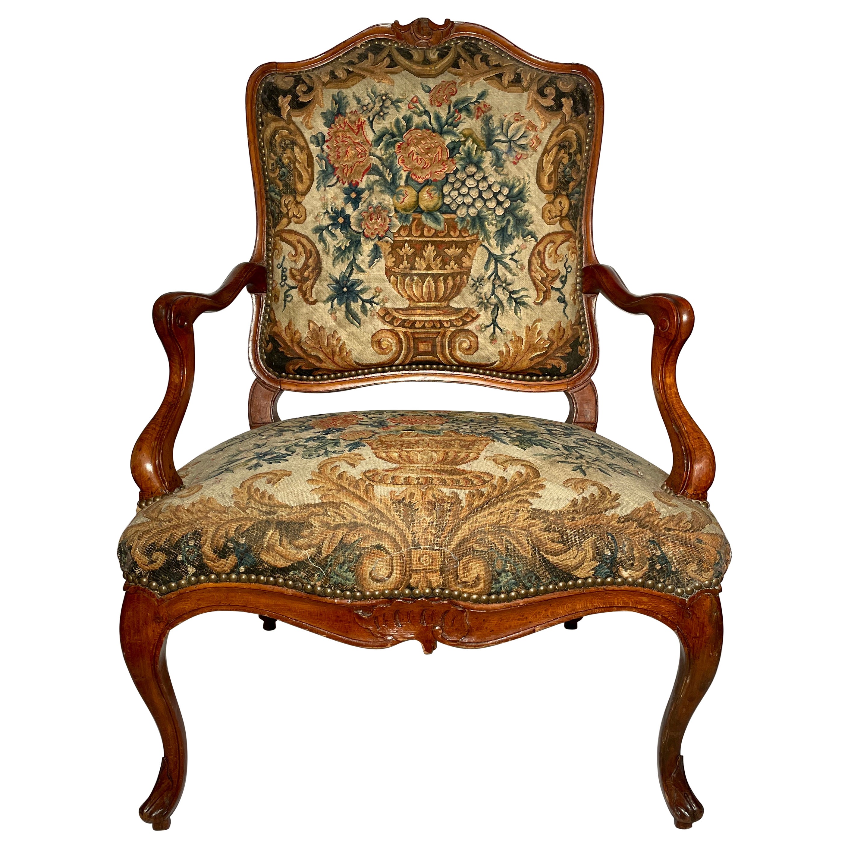 Antique 19th Century French Carved Walnut Needlepoint Armchair. For Sale