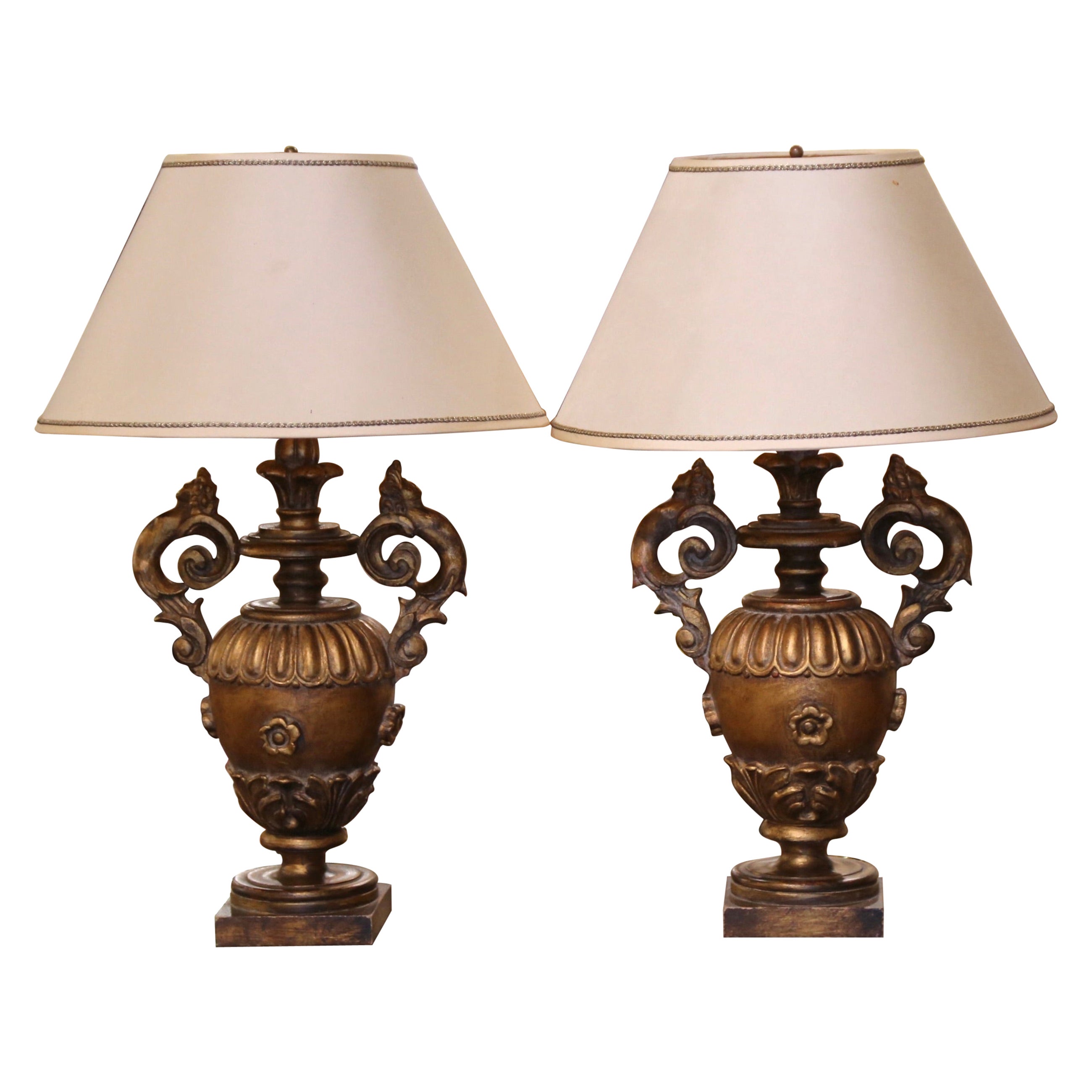 Pair of Mid-Century Italian Carved Painted and Gilt Table Lamps with Shades For Sale