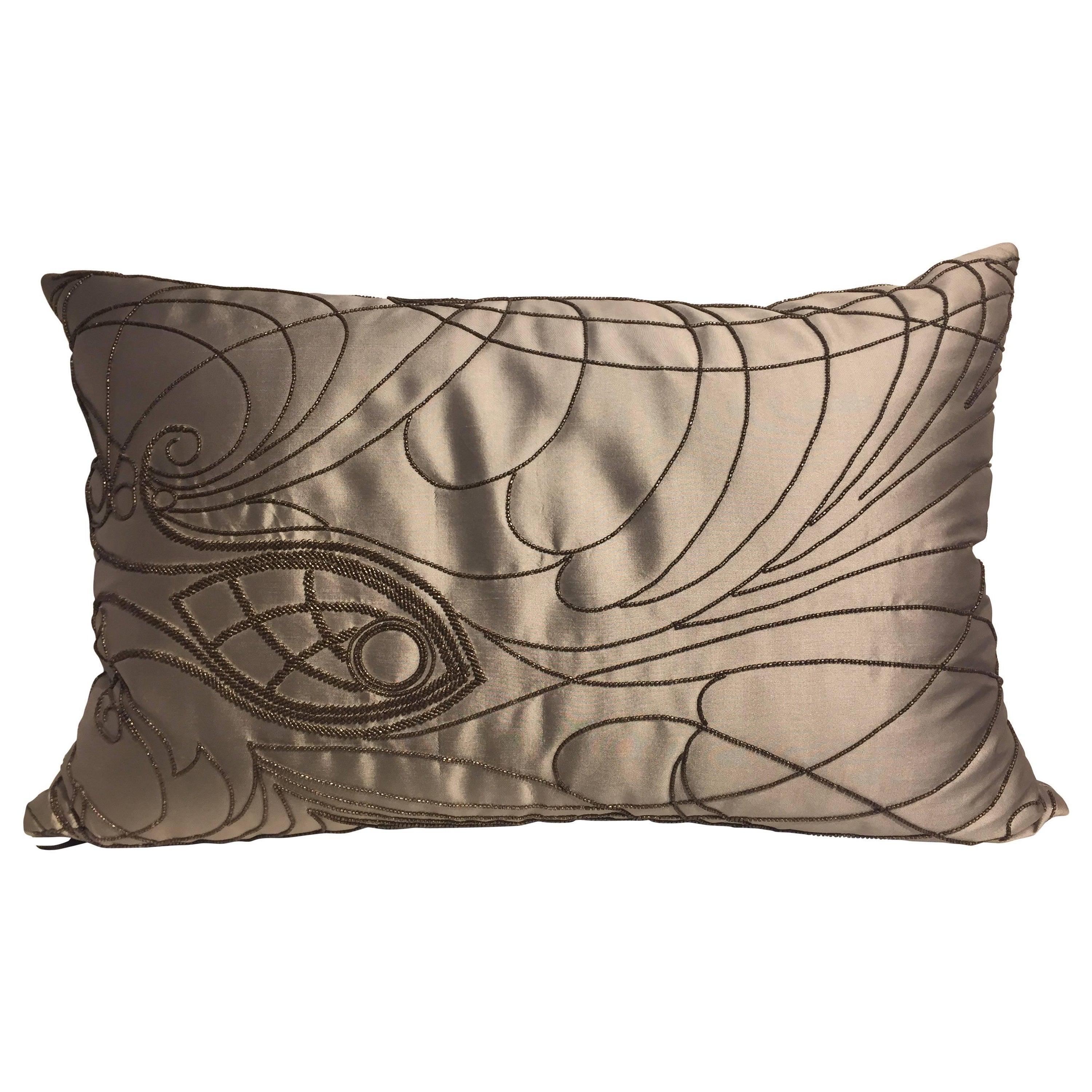 Decorative Silk Cushion with Hand Embroidery Beading Col. Silver For Sale
