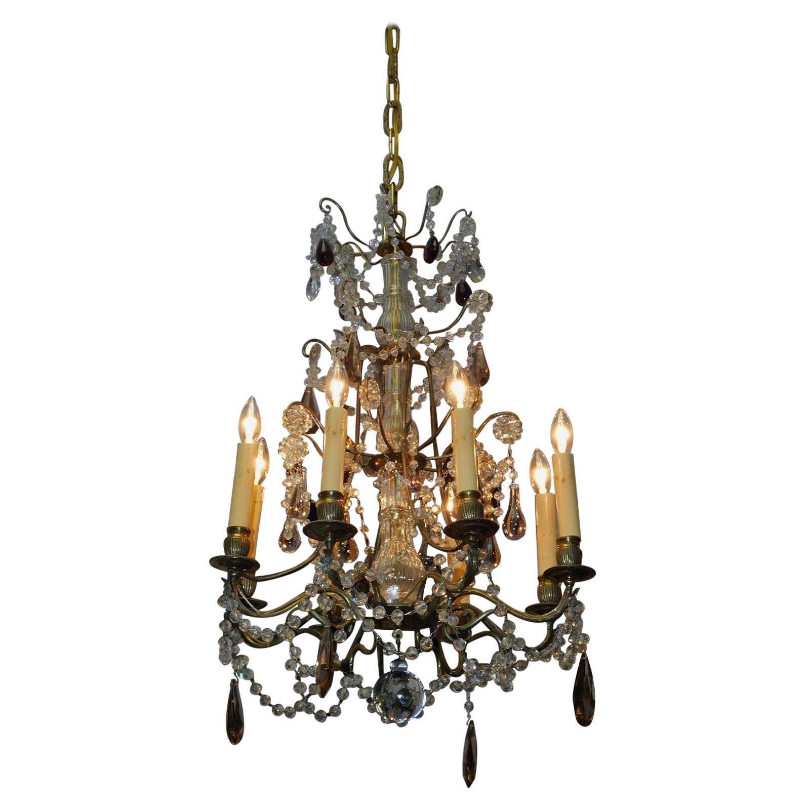 French Bronze & Crystal Eight Arm Amethyst Prism Chandelier Orig. Candle, C 1850 For Sale