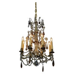 French Bronze & Crystal Eight Arm Amethyst Prism Chandelier Orig. Candle, C 1850