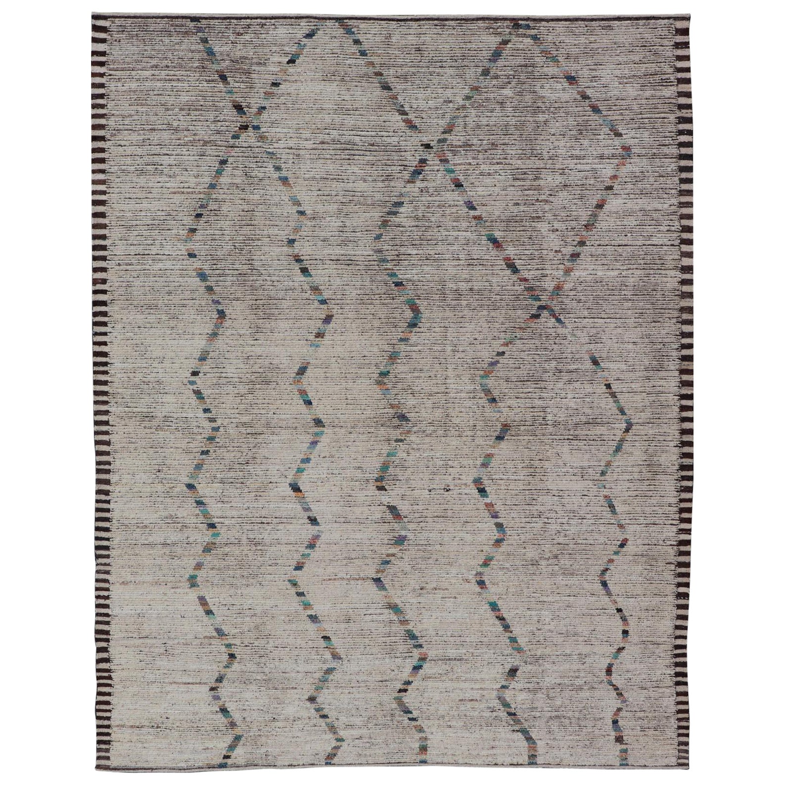 Modern Distressed Moroccan Rug in Wool with in Off White & Accent Colors  For Sale