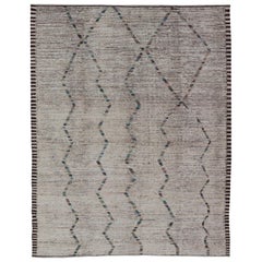 Modern Distressed Moroccan Rug in Wool with in Off White & Accent Colors 