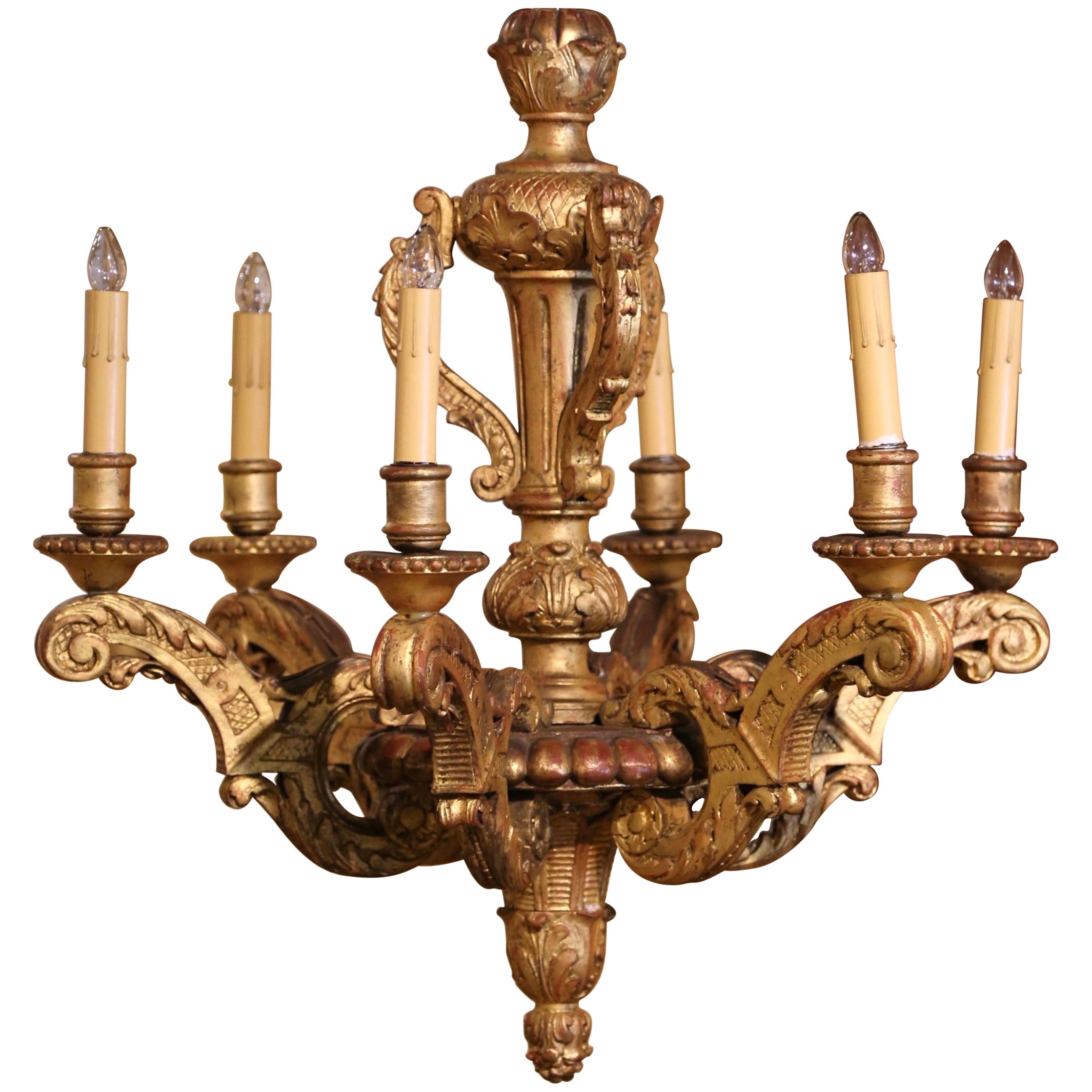 19th Century French Napoleon III Carved Giltwood Six-Light Chandelier
