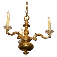 Dutch Colonial Bronze and Crystal Three Arm Chandelier Orig. Candle, C. 1820