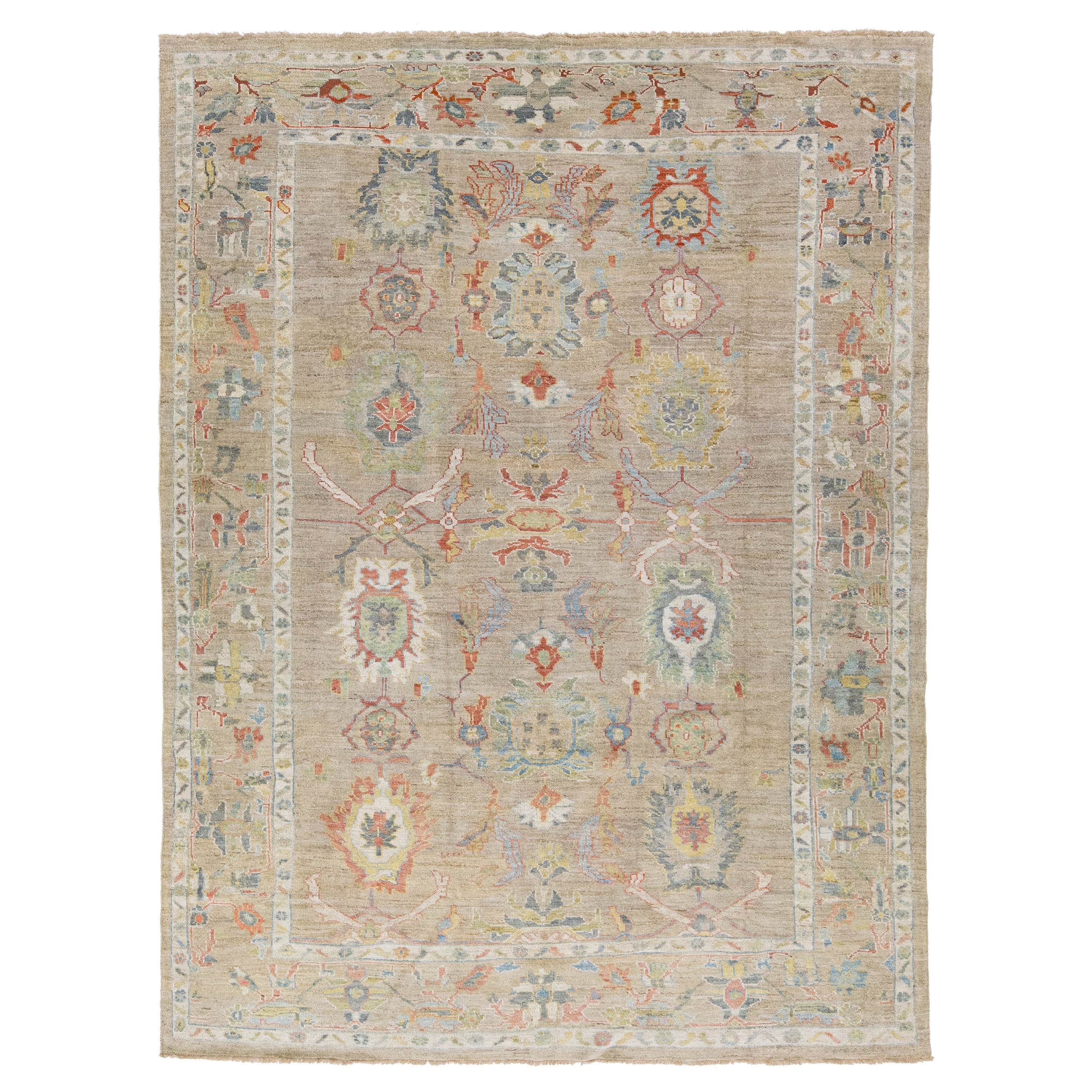 Tapis en laine marron Sultanabad moderne fait à la main avec motifs floraux