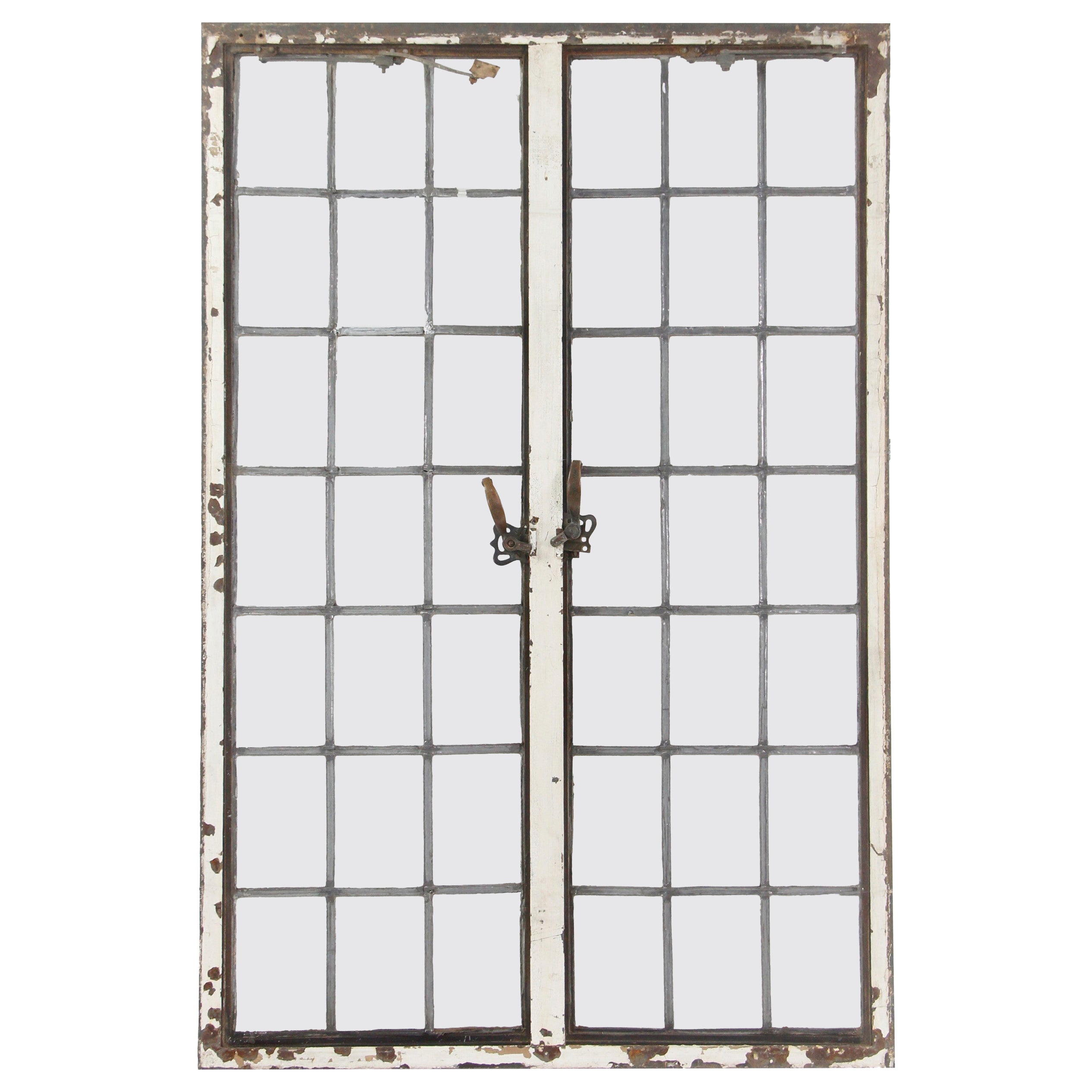 Antique American Leaded Double Casement Window Steel Frame w/ Bronze Handles