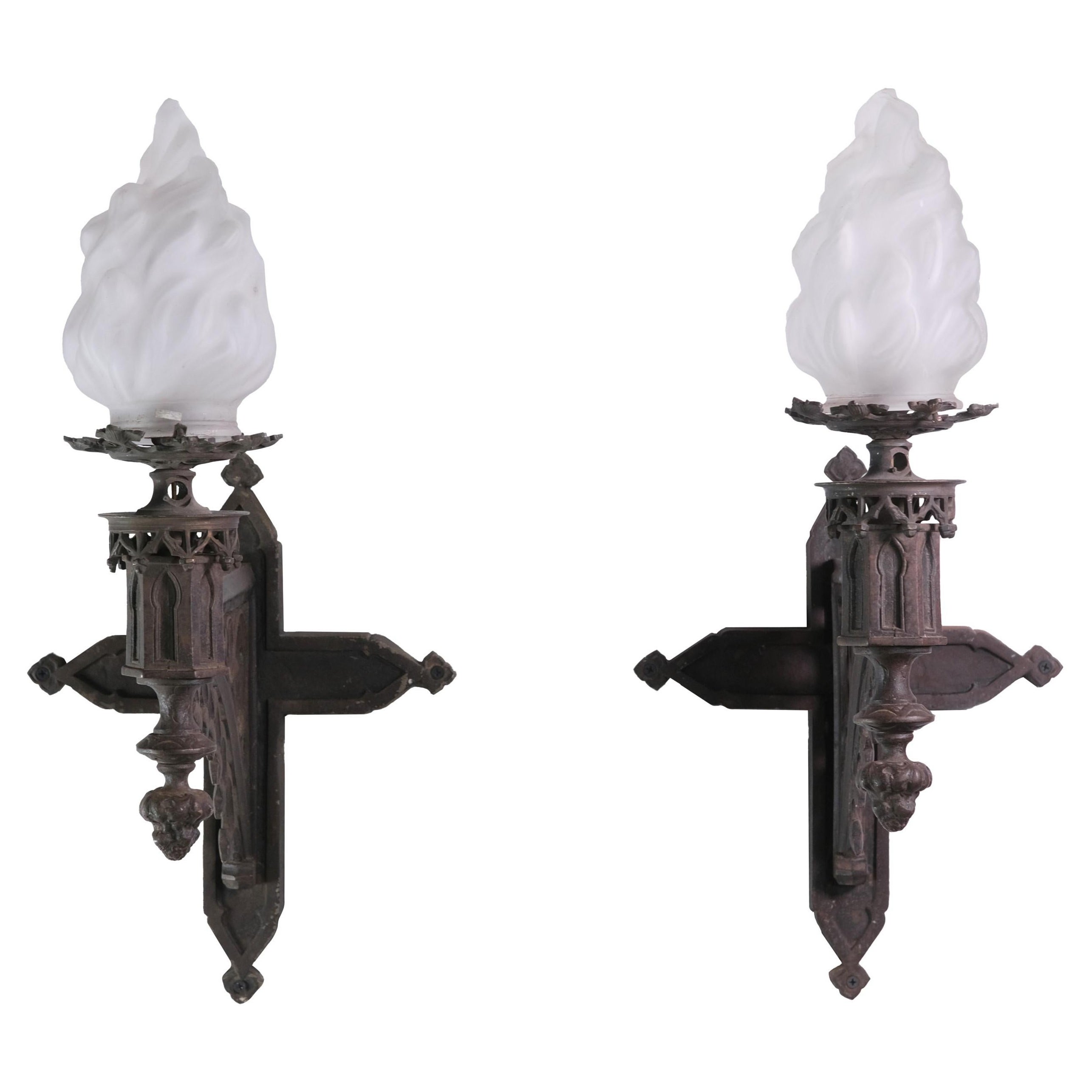 Pair of Gothic Cast Iron Wall Sconces with Flame Shades For Sale