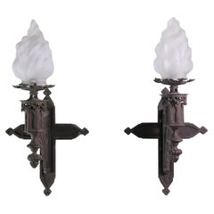 Antique Pair of Gothic Cast Iron Wall Sconces with Flame Shades