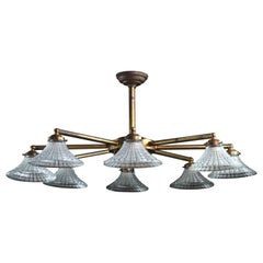 Brass Eight-Arm Chandelier with Clear Waffle Glass Shades