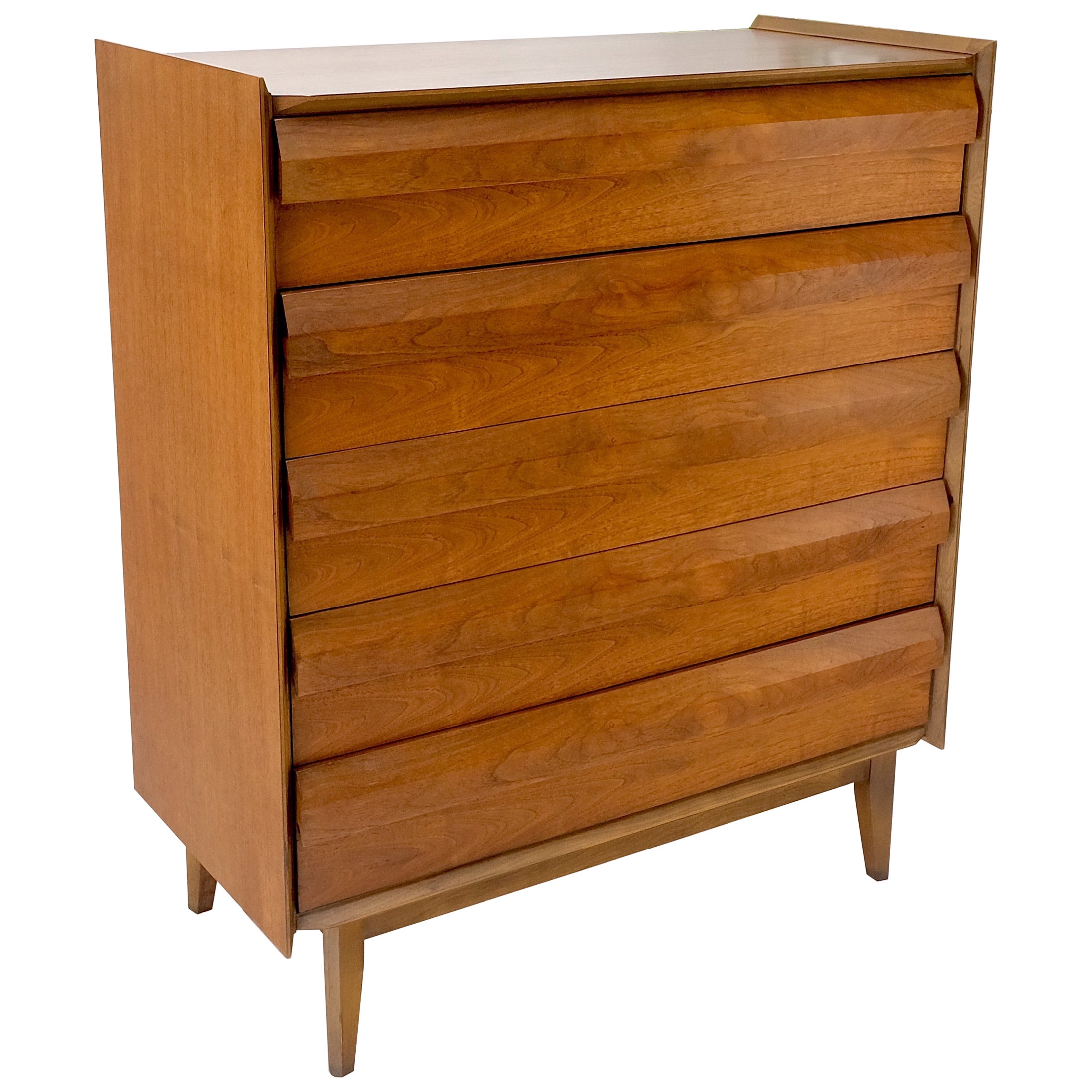 Walnut Mid-Century Modern Sculptural 5 Drawer High Chest Dresser Mint! For Sale