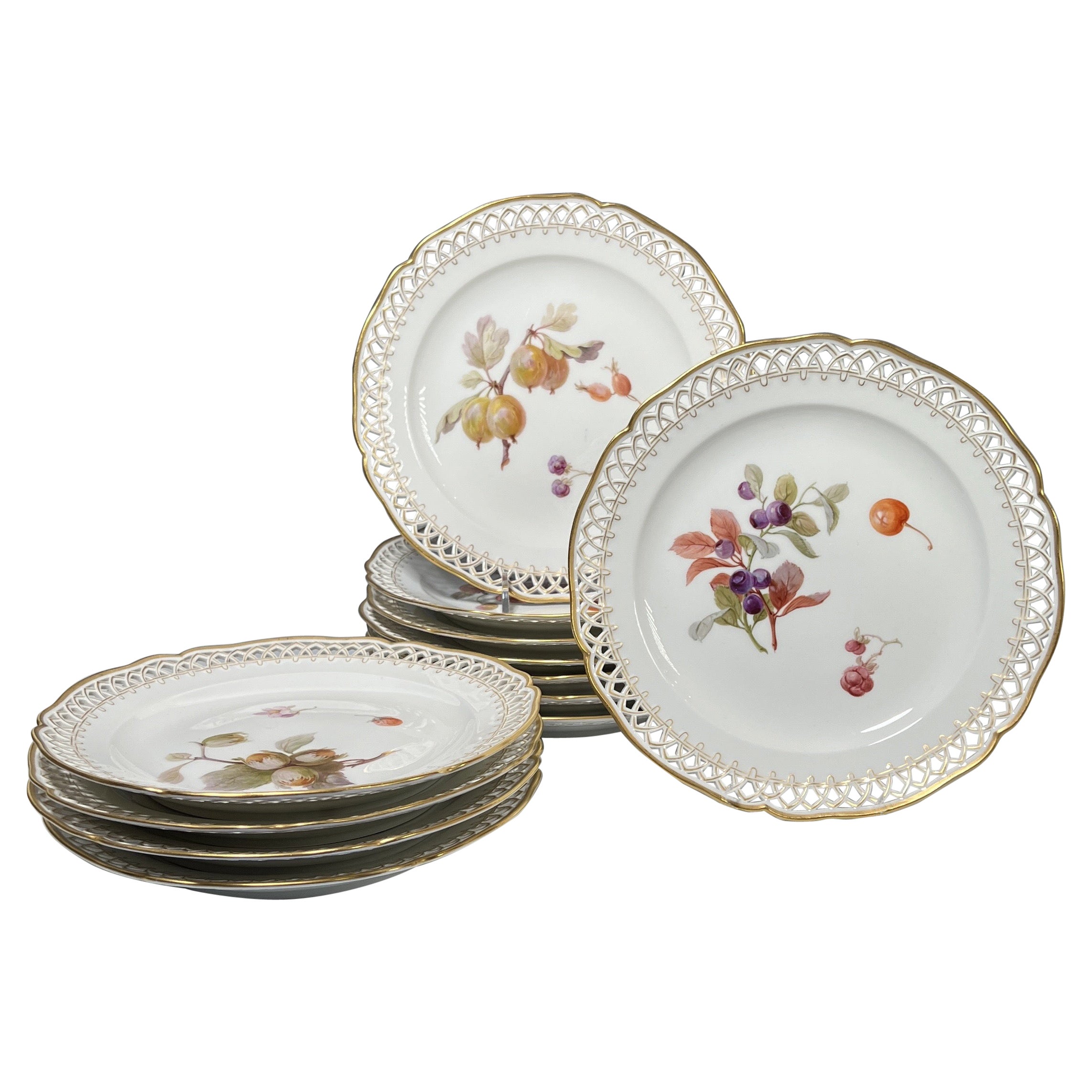 Set of 12 KPM Dessert Plates with Hand Painted Fruit Pierced & Gilt Borders For Sale