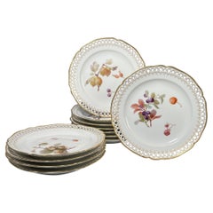 Antique Set of 12 KPM Dessert Plates with Hand Painted Fruit Pierced & Gilt Borders