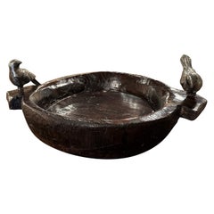 Vintage Hand Carved Chestnut Decorative Bowl with Handles and Iron Bird Decor