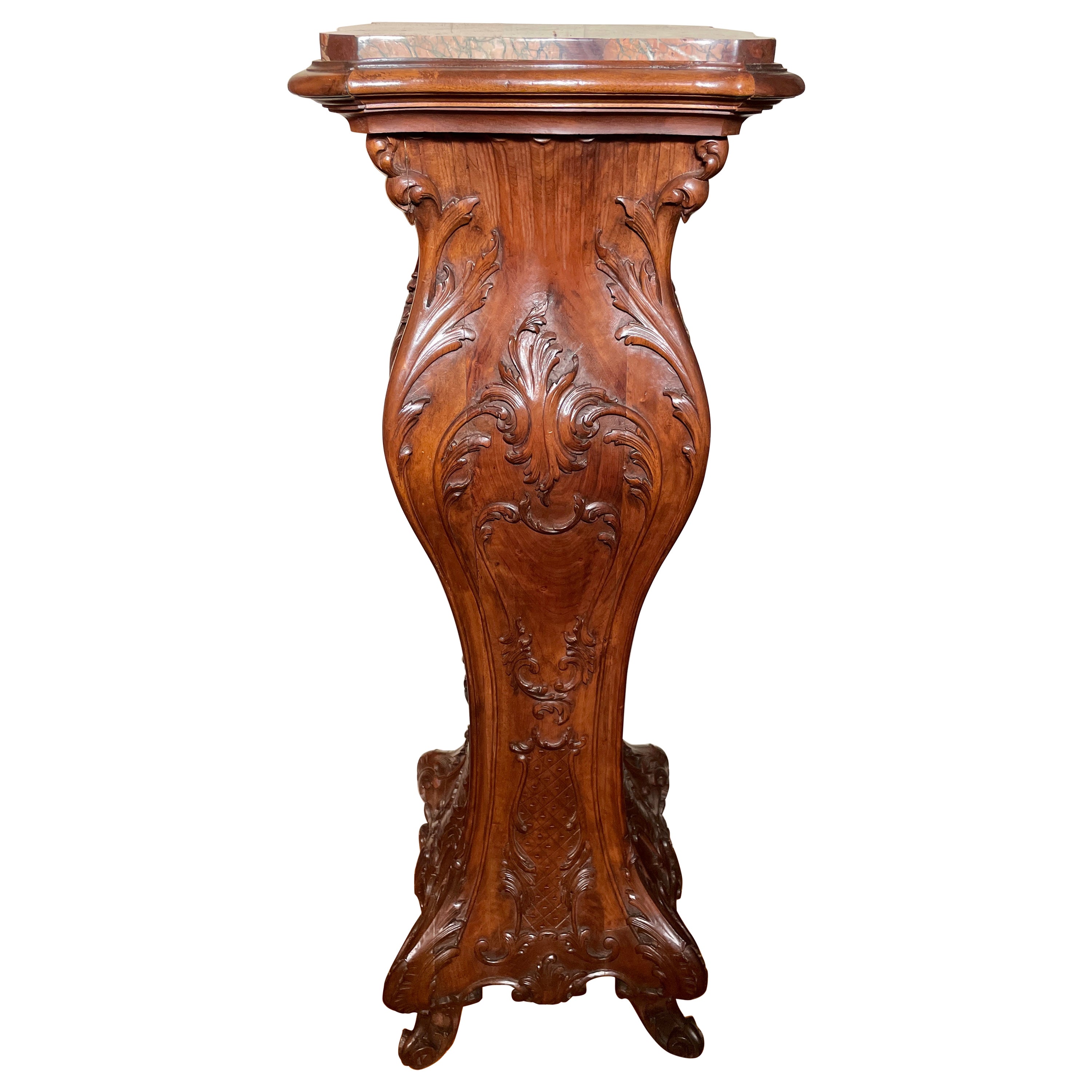 Antique French Art Nouveau Carved Walnut Marble Top Pedestal, Circa 1890. For Sale