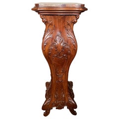 Antique French Art Nouveau Carved Walnut Marble Top Pedestal, Circa 1890.