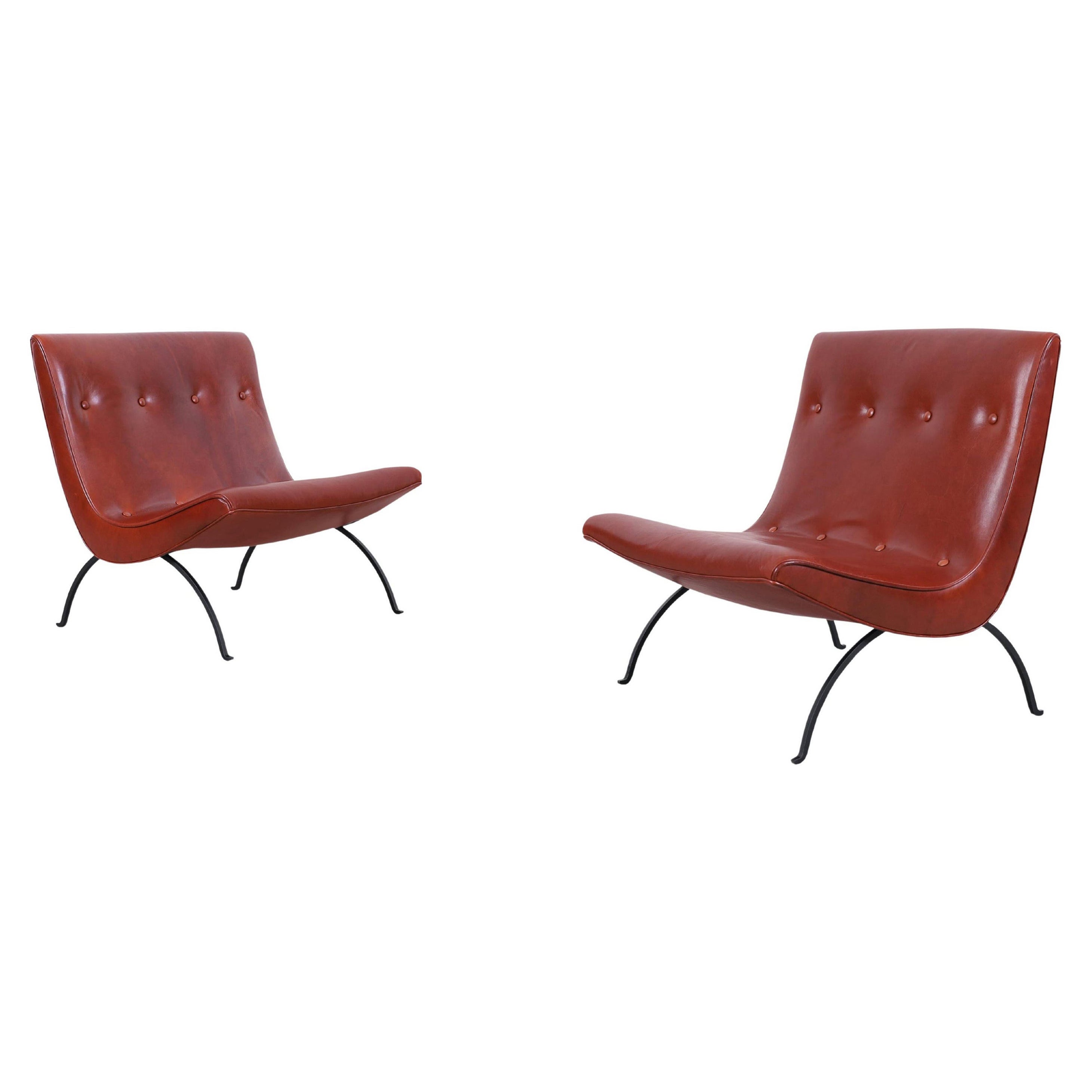 Early Leather and Iron "Scoop" Lounge Chairs by Milo Baughman For Sale