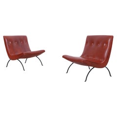 Retro Early Leather and Iron "Scoop" Lounge Chairs by Milo Baughman