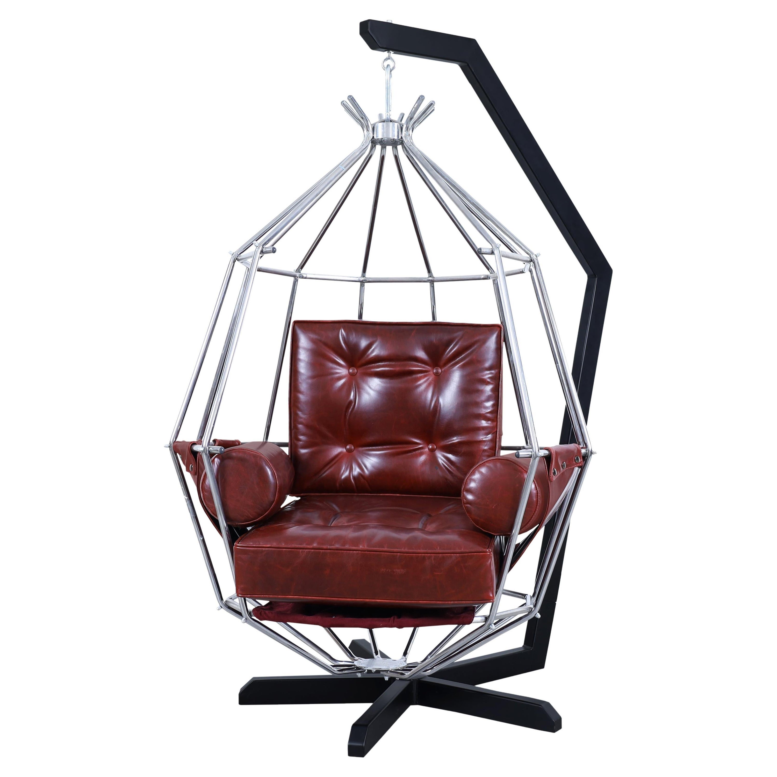 Swedish Leather "Perrot Cage" Swing Chair by Ib Arberg For Sale